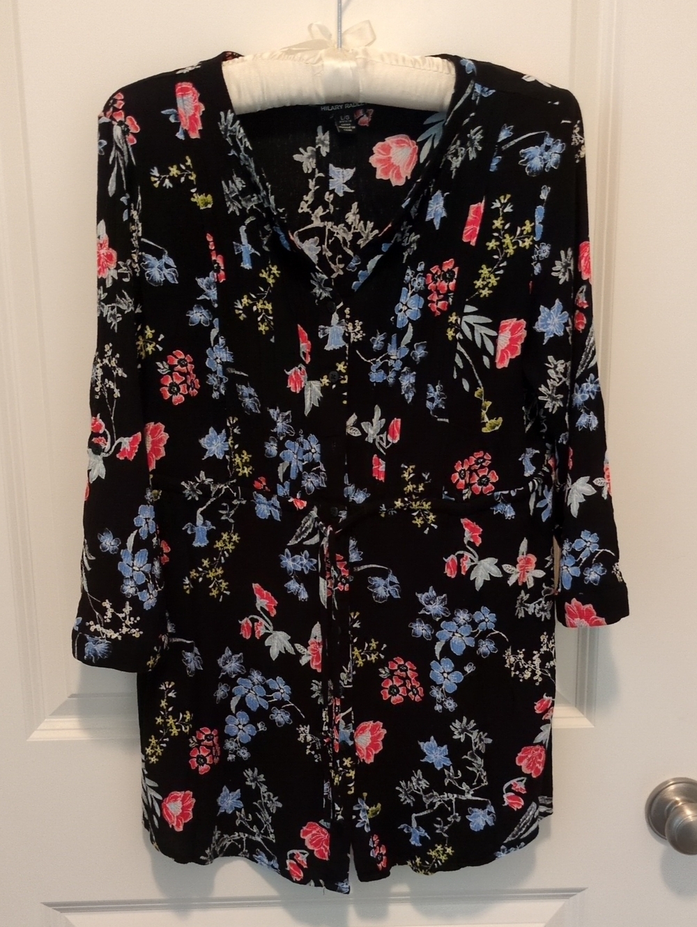 Colourful floral print on black background button front tunic Size Large